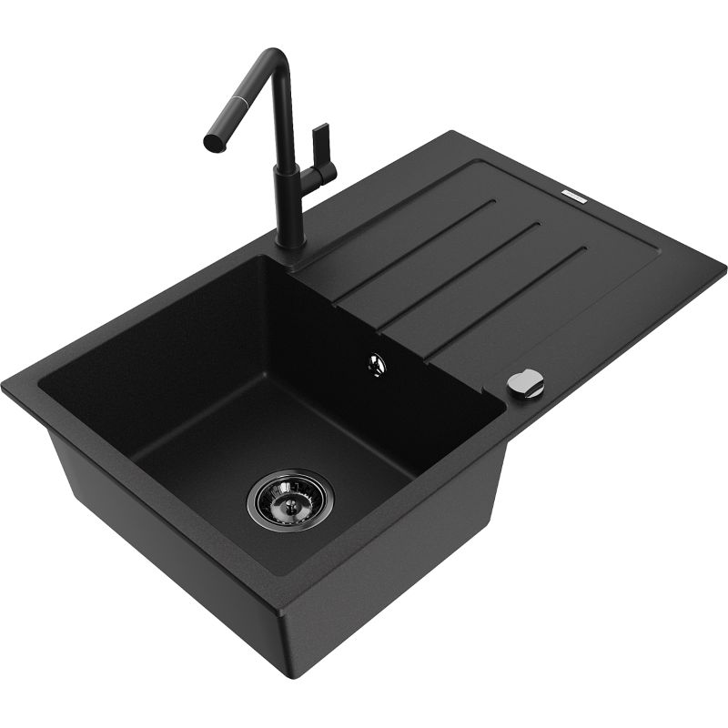 Zlewozmywak granitowy 1-komorowy Mexen Bruno z ociekaczem i baterią kuchenną Flora czarny nakrapiany - 6513-76-670401-75-B 1 szt.