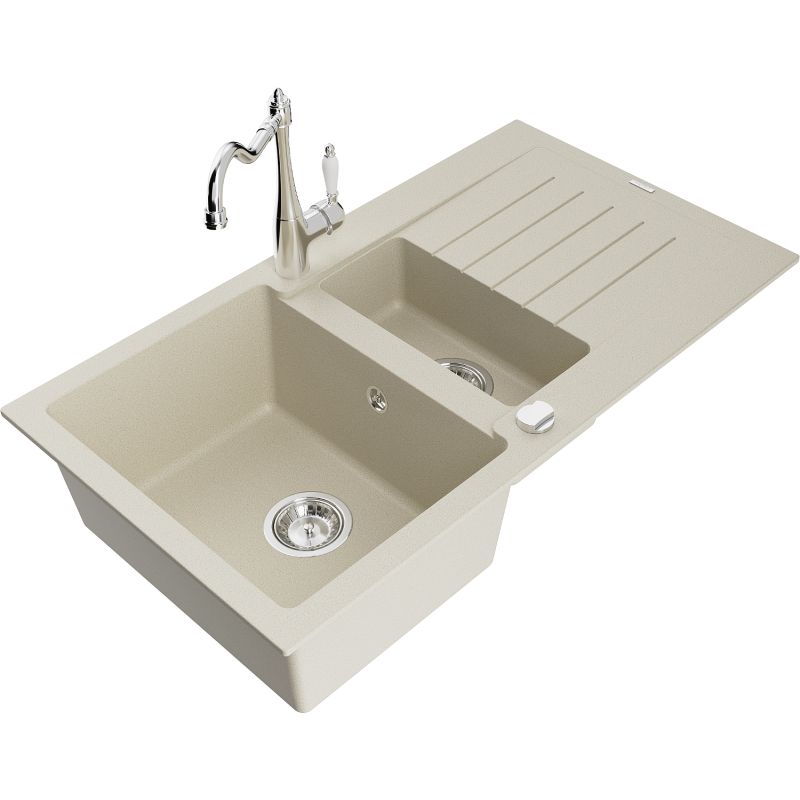 Zlewozmywak granitowy 1.5-komorowy Mexen Matias z ociekaczem i baterią kuchenną Carla beżowy 6502-69-670700-00