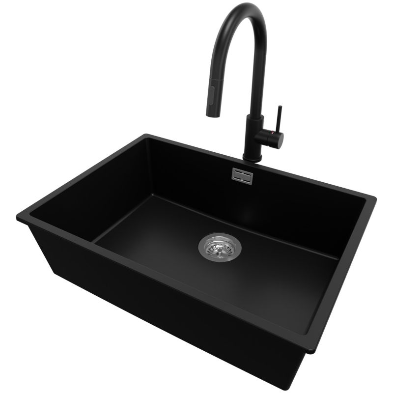 Zlewozmywak Granitowy Londyn Slim PRIMAGRAN Nablatowy 66x47cm do szafki od 70cm, Czarny + Bateria 40x20cm + Syfon, S405, 1 szt.