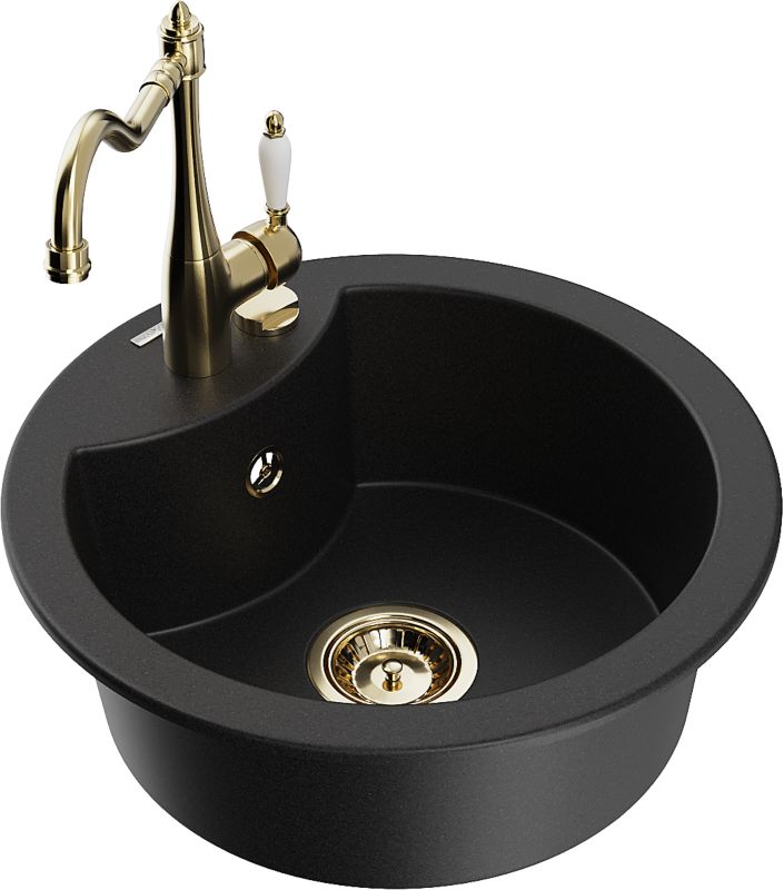 Zlewozmywak granitowy Mexen Diego 1-komorowy z baterią kuchenną Carla czarny 6512-77-670700-50