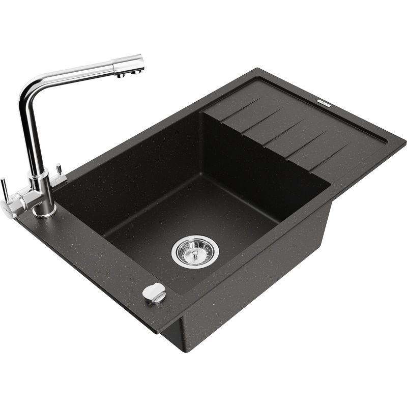 Zlewozmywak granitowy 1-komorowy Mexen Elias z ociekaczem i baterią kuchenną Duero czarny/złoty metalik 6511-75-671600-00