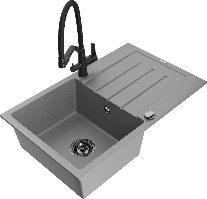 Zlewozmywak granitowy Mexen Bruno 1-komorowy z ociekaczem i baterią kuchenną Elia czarny/srebrny - 6513-73-670101-70 1 szt.