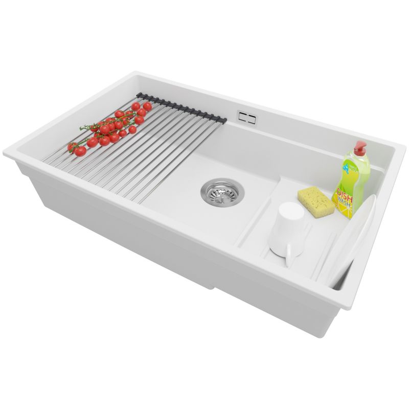 Zlewozmywak podblatowy Praga PRIMAGRAN 76x47cm do szafki od 80cm, Biały + Syfon + Zwijany ociekacz, S604, 1 szt.