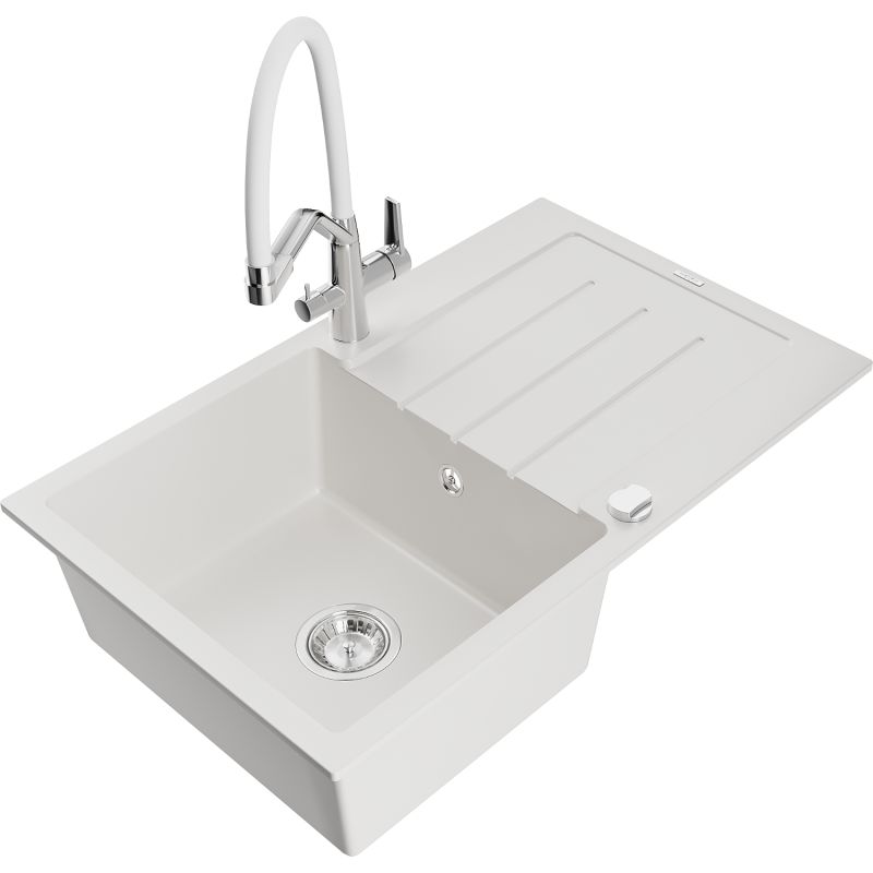 Zlewozmywak granitowy 1-komorowy Mexen Bruno z ociekaczem i baterią kuchenną Duo biały 6513-20-671701-02