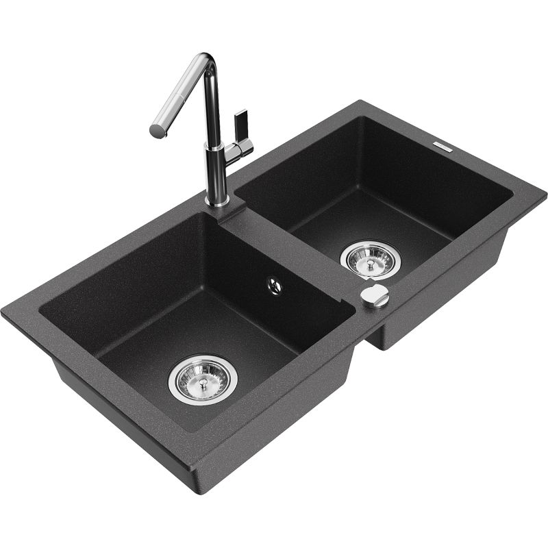 Zlewozmywak granitowy 2-komorowy Mexen Mario z baterią kuchenną Flora czarny nakrapiany 6504-76-670401-00