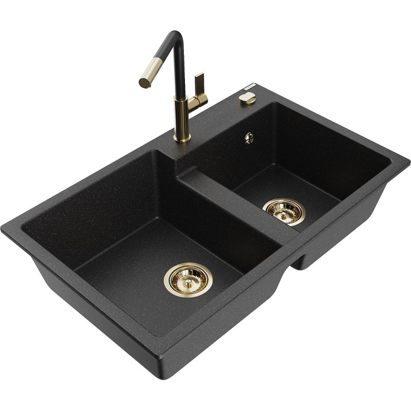 Zlewozmywak granitowy 2-komorowy Mexen Tomas z baterią kuchenną Flora czarny/srebrny metalik 6516-73-670401-57-G