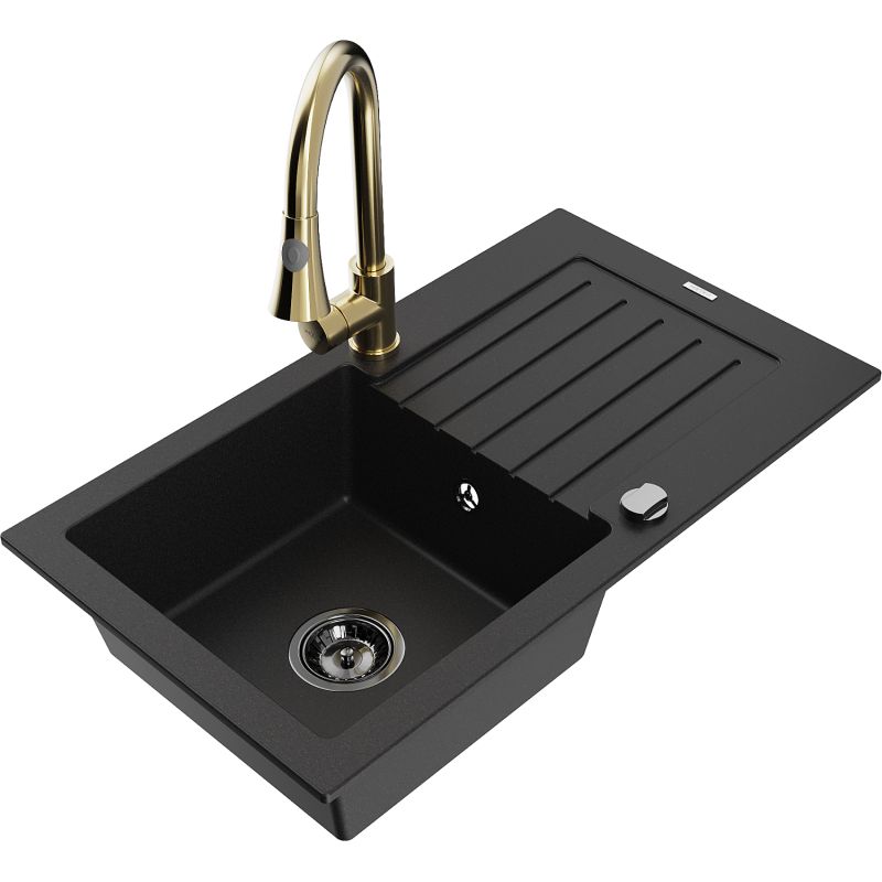 Zlewozmywak granitowy 1-komorowy Mexen Pablo z ociekaczem i baterią kuchenną Elia czarny 6510-77-670101-50-B
