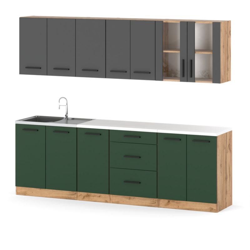 Zestaw Kuchenny Hurtownia-Mebli Z Blatem Kuchnia Remino 260cm Dąb Wotan Szary Mat/Butelkowa Zieleń 260x47x145 cm 1szt.
