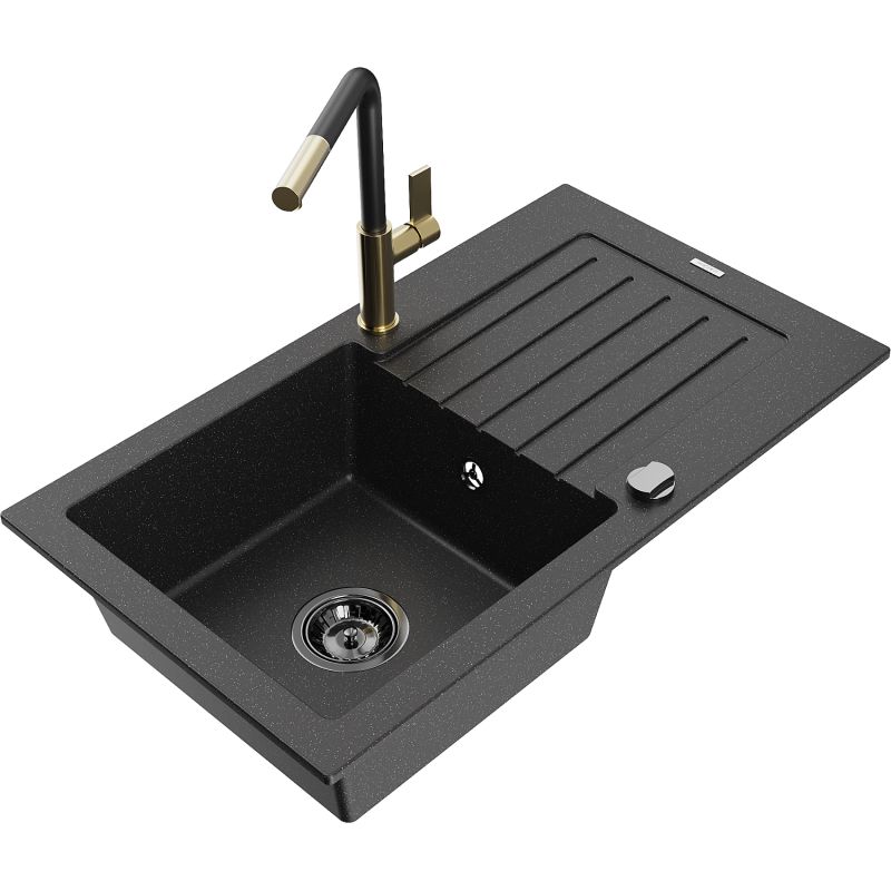 Zlewozmywak granitowy 1-komorowy Mexen Pablo z ociekaczem i baterią kuchenną Flora czarny/srebrny metalik 6510-73-670401-57-B