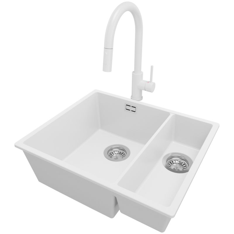 Zlewozmywak Granitowy Londyn Slim Duo PRIMAGRAN Nablatowy 56x47cm do szafki od 60cm, Biały + Bateria + Syfon, S021, 1 szt.