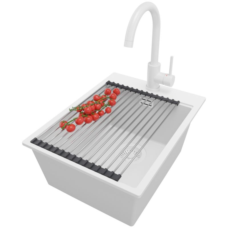 Zlewozmywak Granitowy Oslo PRIMAGRAN Nablatowy 38x50cm do szafki od 40cm z Syfonem i Baterią i Dodatkiem Cały Biały 1 szt.