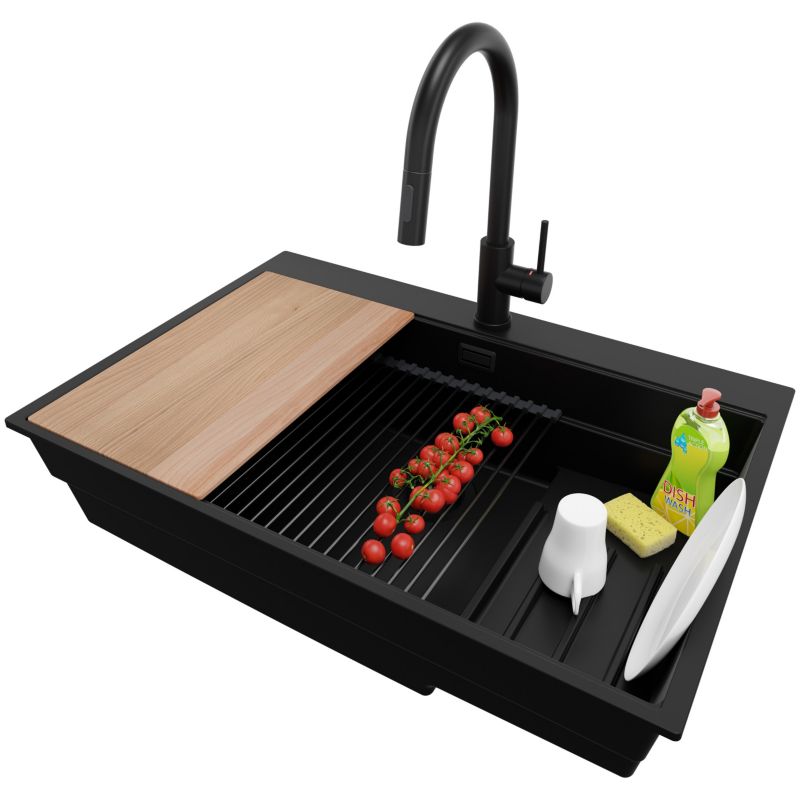 Zlewozmywak Granitowy Oslo Max PRIMAGRAN Nablatowy 78x53cm, Cały Czarny + Bateria + Syfon + Akcesorium, S115, 1 szt.