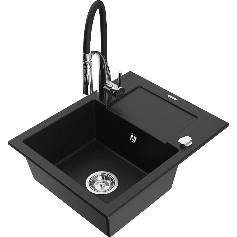 Zlewozmywak granitowy 1-komorowy Mexen Enzo z ociekaczem i baterią kuchenną Aster czarny - 6506-77-73450-70-B 1 szt.