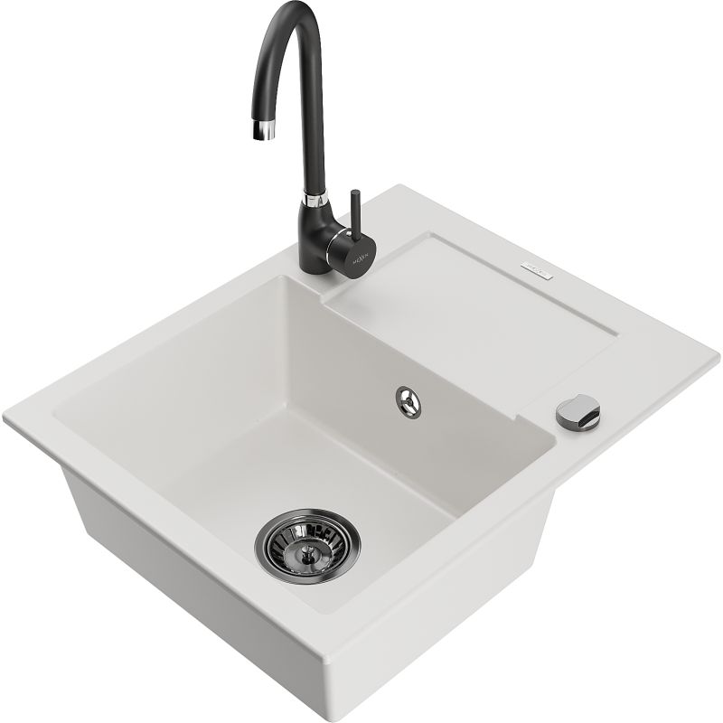 Zlewozmywak granitowy 1-komorowy Mexen Enzo z ociekaczem i baterią kuchenną Telma biały 6506-20-670200-70