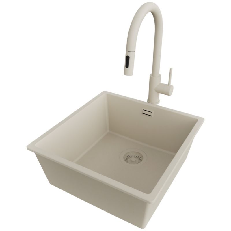 Zlewozmywak Granitowy Londyn Slim PRIMAGRAN Nablatowy 46x47cm do szafki od 50cm, Beżowy + Bateria 40x20cm + Syfon, S232, 1 szt.