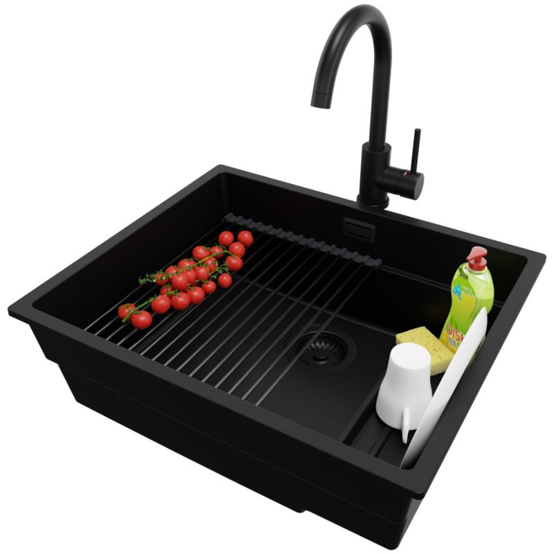 Zlewozmywak Granitowy Praga Slim PRIMAGRAN Nablatowy 56x47cm, Cały Czarny + Bateria + Syfon + Akcesorium, S368, 1 szt.