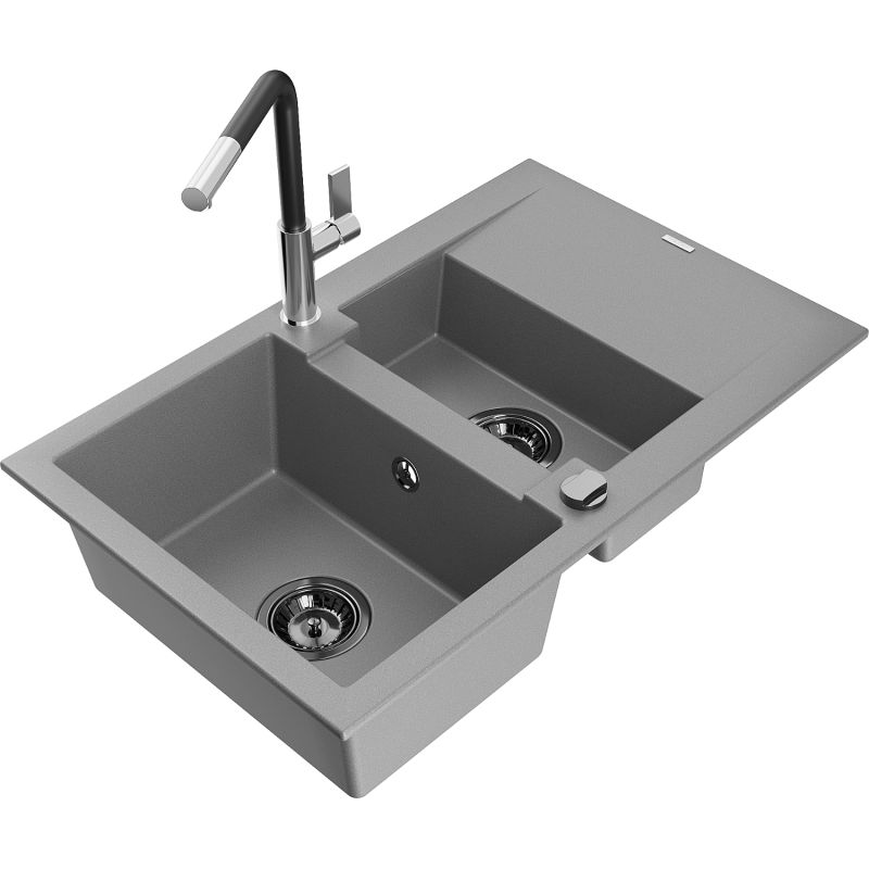 Zlewozmywak granitowy 1.5-komorowy Mexen Gaspar z ociekaczem i baterią kuchenną Flora szary 6507-71-670401-07-B