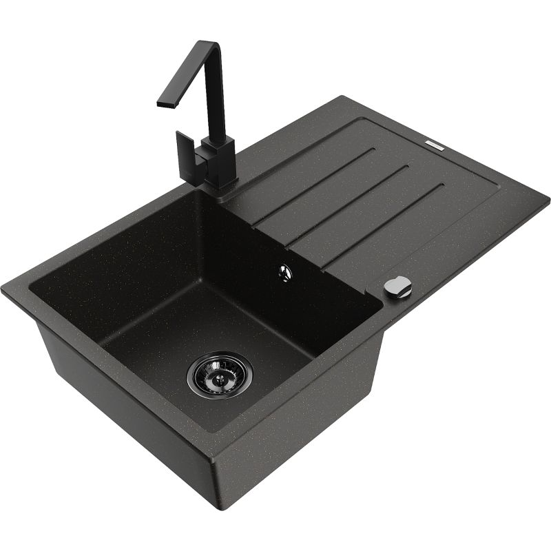 Zlewozmywak granitowy 1-komorowy Mexen Bruno z ociekaczem i baterią Rita czarny/złoty metalik - 6513-75-670300-50-B 1 szt.