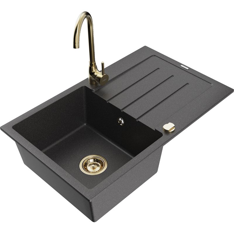 Zlewozmywak granitowy 1-komorowy Mexen Bruno z ociekaczem i baterią kuchenną Telma czarny nakrapiany 6513-76-670200-50