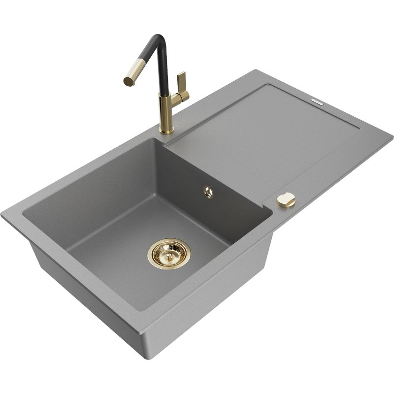 Zlewozmywak granitowy 1-komorowy Mexen Leo z ociekaczem i baterią kuchenną Flora szary 6501-71-670401-57-G