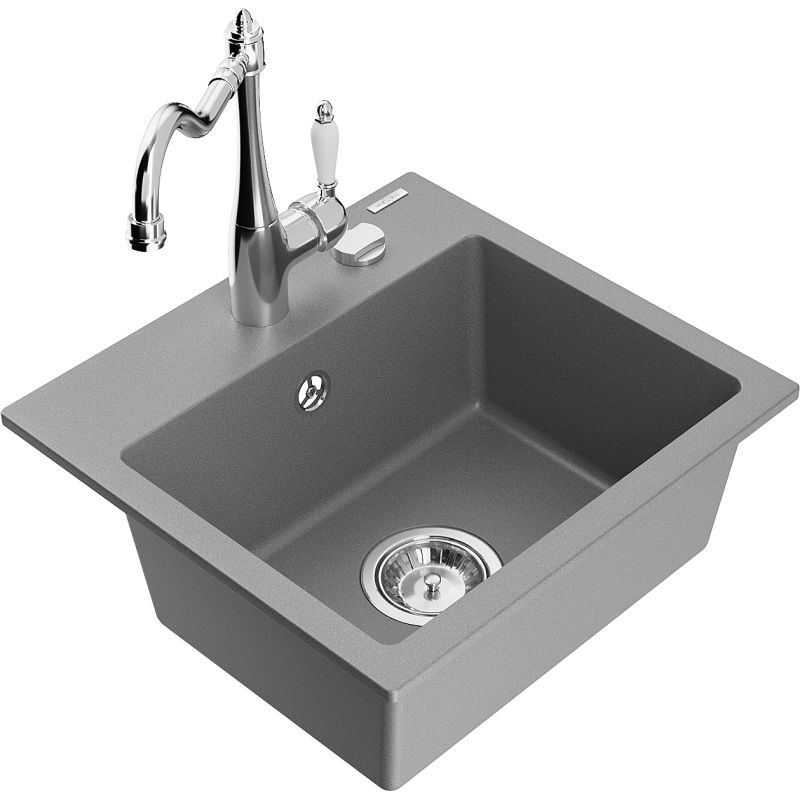 Zlewozmywak granitowy 1-komorowy Mexen Milo z baterią kuchenną Carla szary 6505-71-670700-00