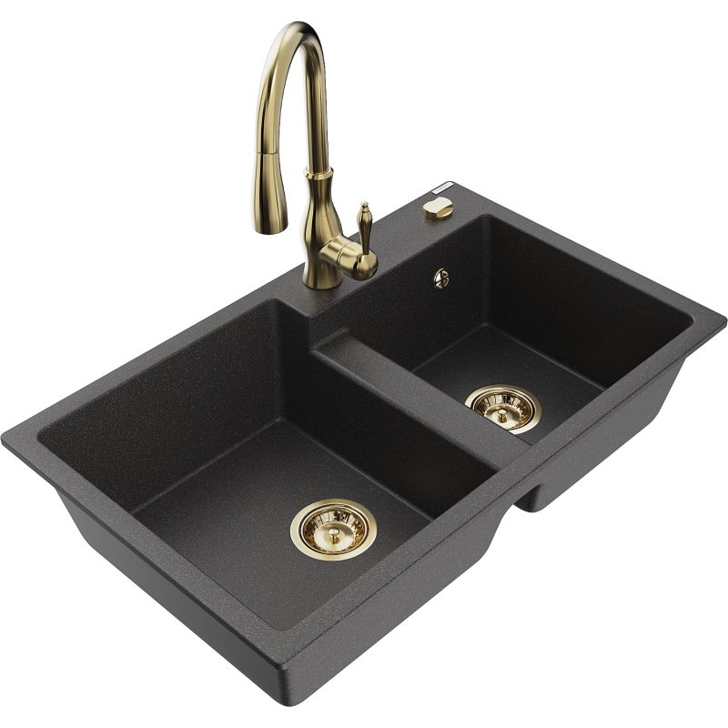 Zlewozmywak granitowy 2-komorowy Mexen Tomas z baterią kuchenną Savita czarny nakrapiany 6516-76-672601-50