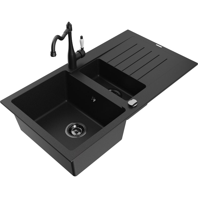 Zlewozmywak granitowy 1.5-komorowy Mexen Matias z ociekaczem i baterią kuchenną Carla czarny - 6502-77-670700-70 1 szt.