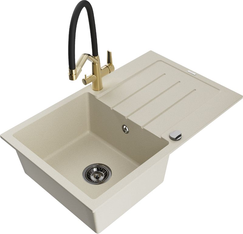 Zlewozmywak granitowy Mexen Bruno 1-komorowy z ociekaczem i baterią kuchenną Duo beżowy - 6513-69-671701-57-G 1 szt.