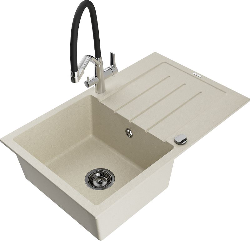 Zlewozmywak granitowy Mexen Bruno 1-komorowy z ociekaczem i baterią kuchenną Duo beżowy - 6513-69-671701-57-B 1 szt.