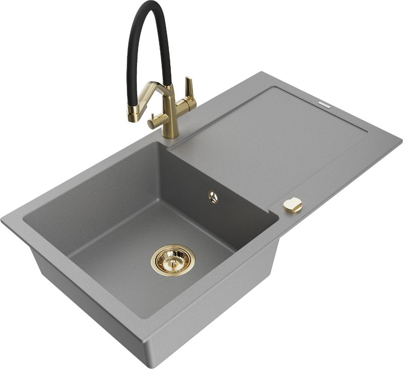 Zlewozmywak granitowy Mexen Leo 1-komorowy z ociekaczem i baterią kuchenną Duo szary 6501-71-671701-57-G