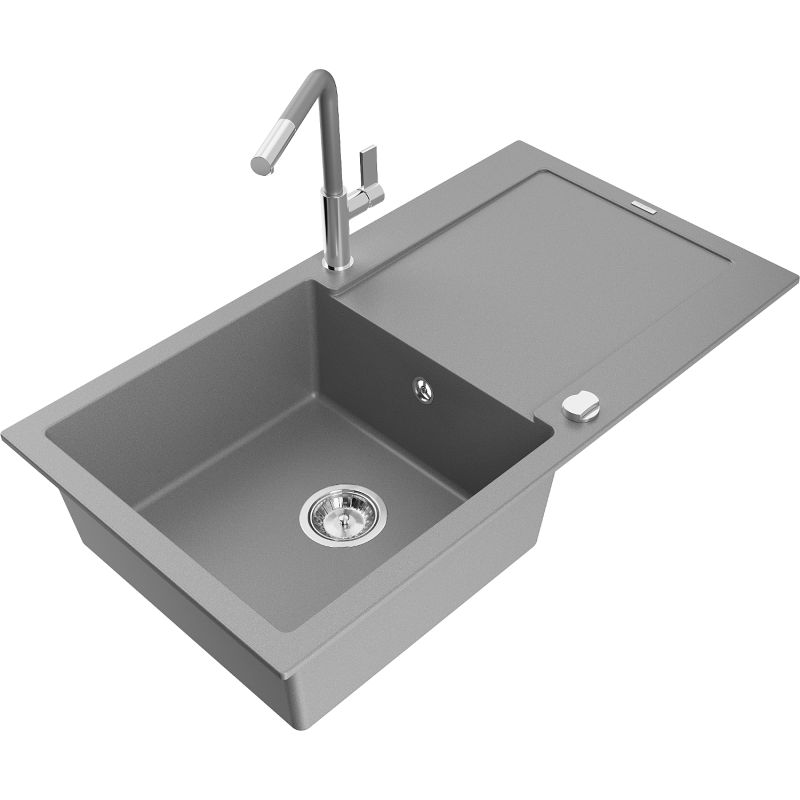 Zlewozmywak granitowy 1-komorowy Mexen Leo z ociekaczem i baterią kuchenną Flora szary 6501-71-670401-06