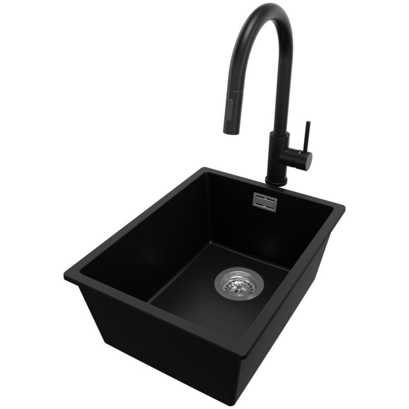 Zlewozmywak Granitowy Londyn Slim PRIMAGRAN Nablatowy 36x47cm do szafki od 40cm, Czarny + Bateria 40x20cm + Syfon, S045, 1 szt.