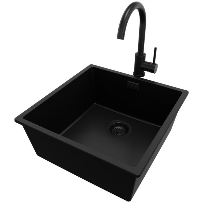 Zlewozmywak Granitowy Londyn Slim PRIMAGRAN Nablatowy 46x47cm do szafki od 50cm, Cały Czarny + Bateria + Syfon, S218, 1 szt.