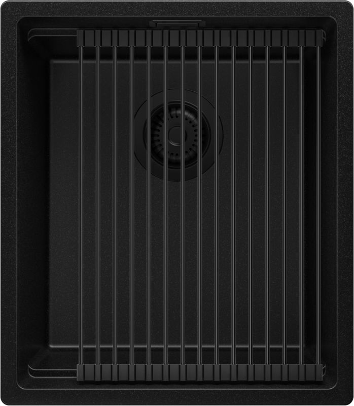 Zlewozmywak podblatowy Praga PRIMAGRAN 41x47cm do szafki od 45cm, Cały Czarny + Syfon + Zwijany ociekacz, S137, 1 szt.