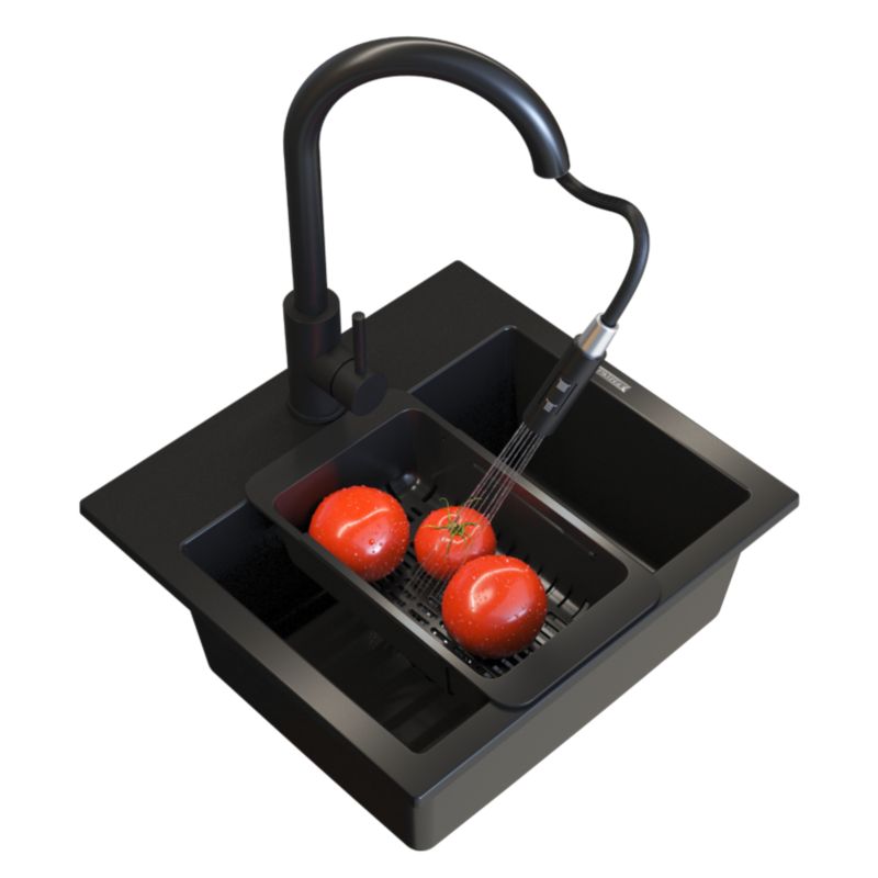 Zlewozmywak Granitowy Czarny Tiny Granitan Zestaw Zlew Bateria Loseto czarna syfon ociekarka 1 kpl.