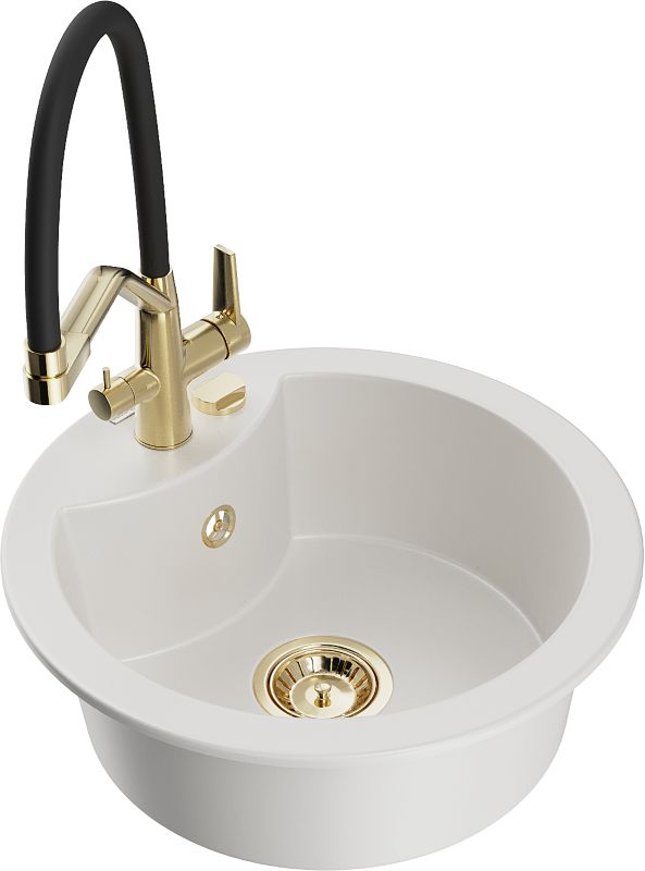 Zlewozmywak granitowy Mexen Diego 1-komorowy z baterią kuchenną Duo biały 6512-20-671701-57-G