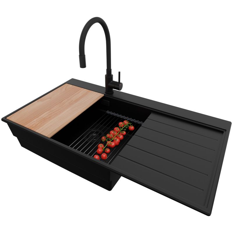 Zlewozmywak Granitowy Sydney PRIMAGRAN Nablatowy 90x50cm, Cały Czarny + Bateria + Syfon + Akcesorium, S476, 1 szt.