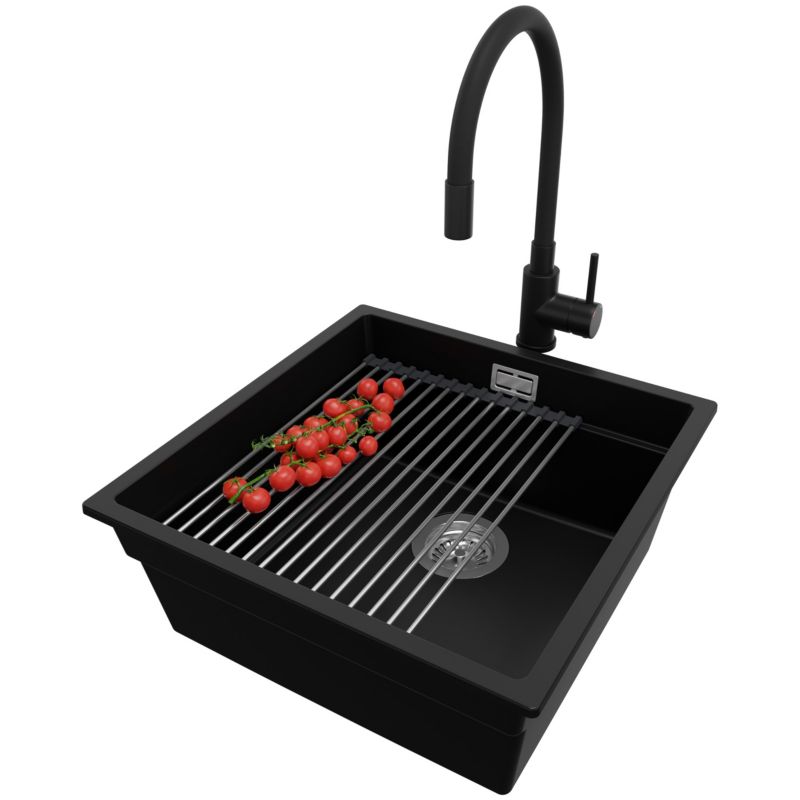 Zlewozmywak Granitowy Praga Slim PRIMAGRAN Nablatowy 46x47cm, Czarny + Bateria + Syfon + Akcesorium, S204, 1 szt.