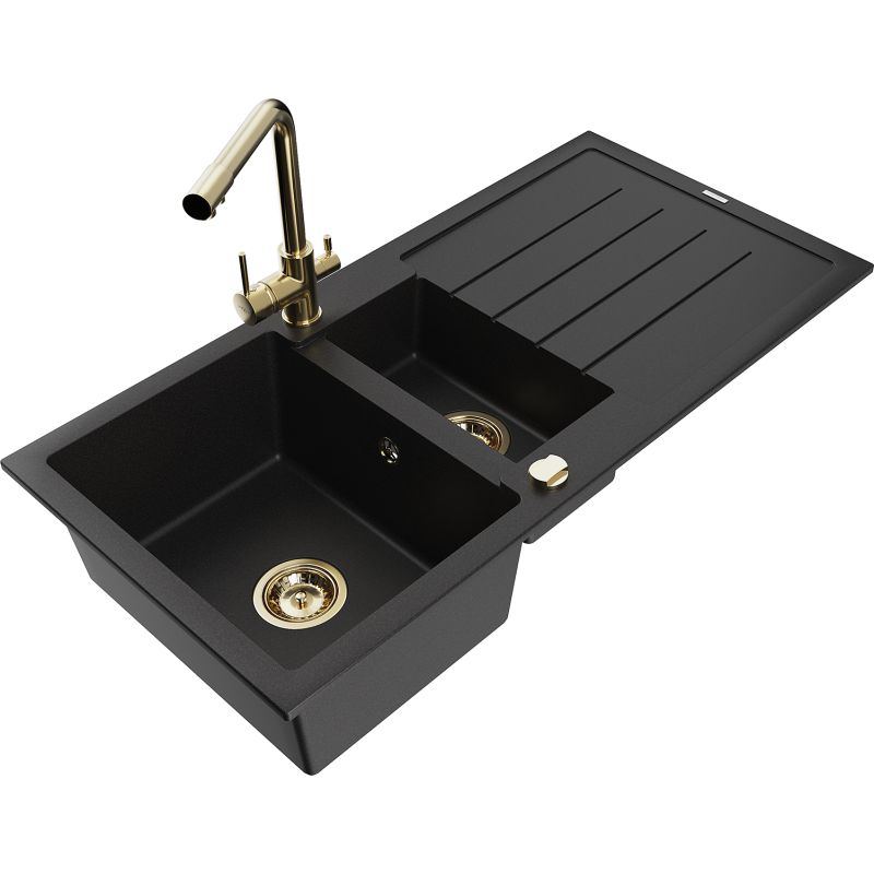 Zlewozmywak granitowy 1.5-komorowy Mexen Andres z ociekaczem i baterią kuchenną Duero czarny - 6515-77-671600-70 1 szt.