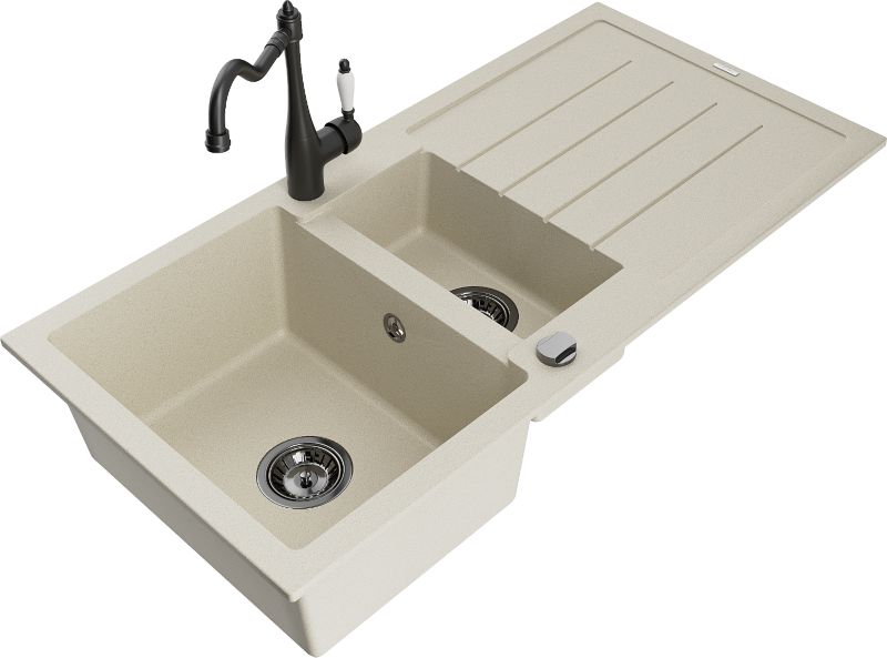 Zlewozmywak granitowy Mexen Andres 1,5-komorowy z ociekaczem i baterią kuchenną Carla biały - 6515-20-670700-70 1 szt.