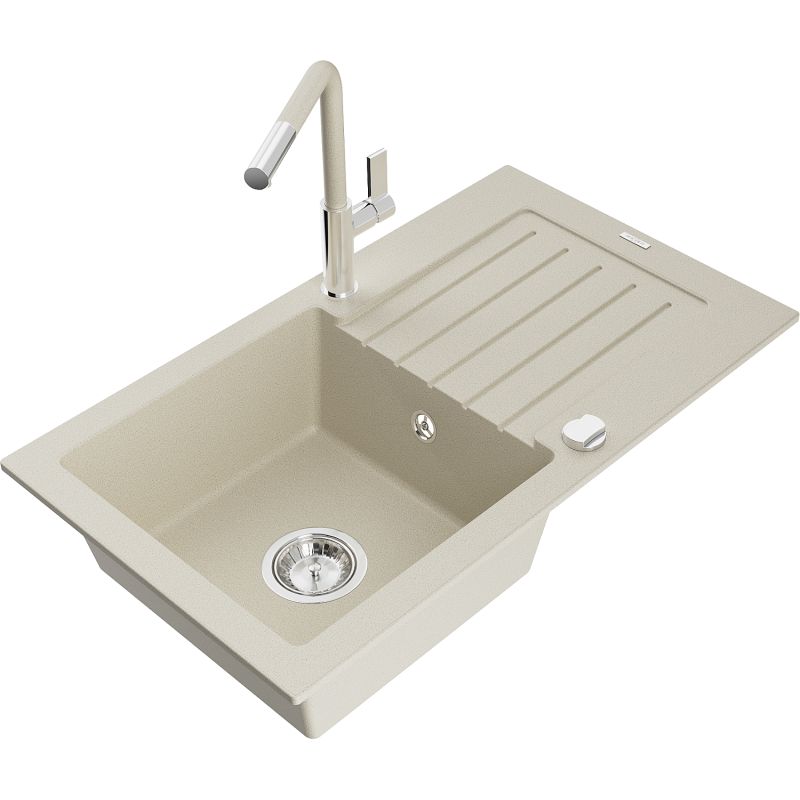 Zlewozmywak granitowy 1-komorowy Mexen Pablo z ociekaczem i baterią kuchenną Flora beżowy 6510-69-670401-09