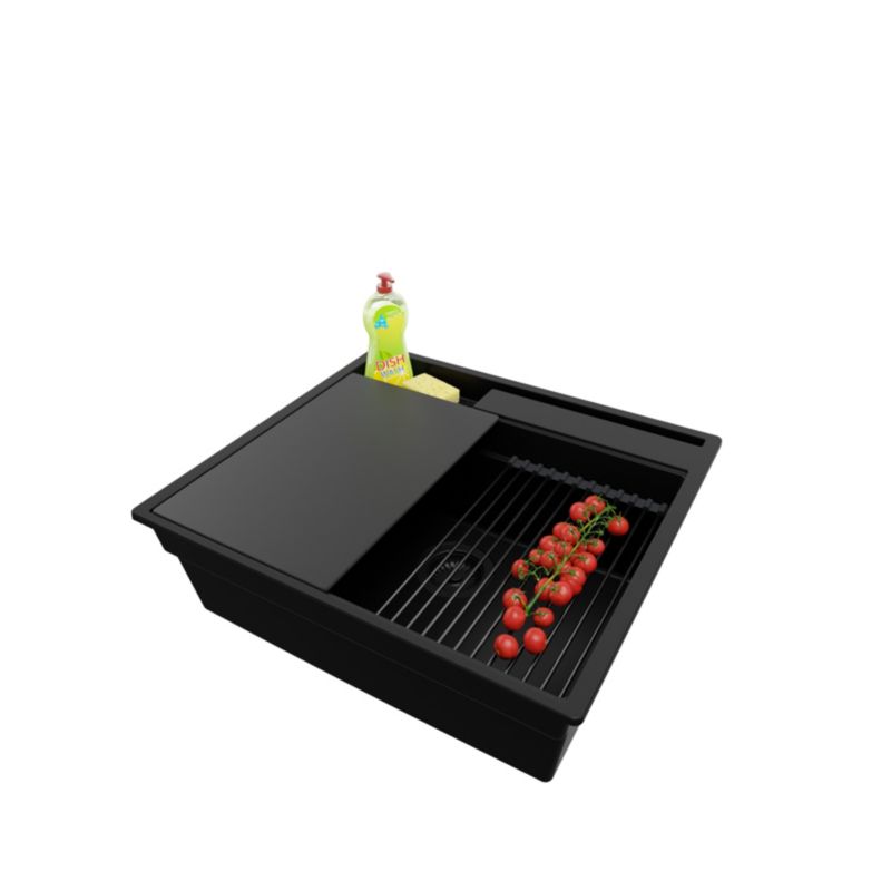 Zlewozmywak Oslo Pocket PRIMAGRAN Nablatowy 58x53cm do szafki od 60cm, Cały Czarny + Syfon + Akcesoria, S237, 1 szt.