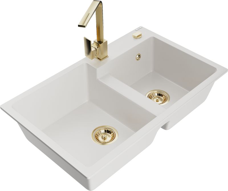 Zlewozmywak granitowy Mexen Tomas 2-komorowy z baterią kuchenną Rita biały - 6516-20-670300-00 1 szt.