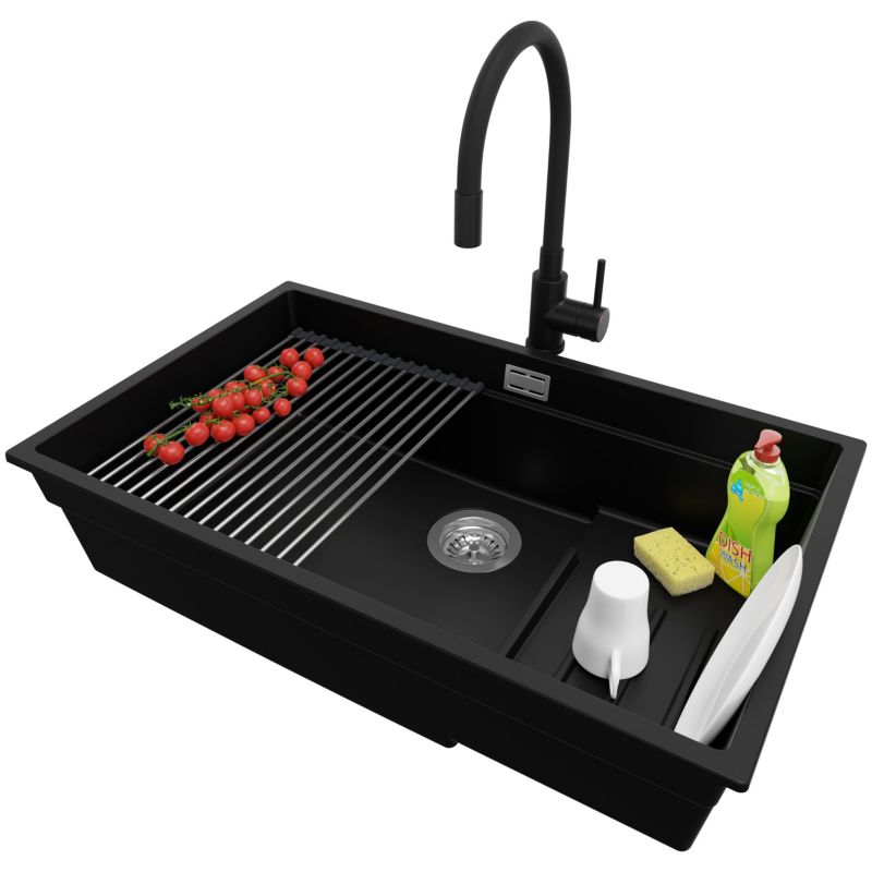 Zlewozmywak Granitowy Praga Slim PRIMAGRAN Nablatowy 76x47cm, Czarny + Bateria + Syfon + Akcesorium, S614, 1 szt.