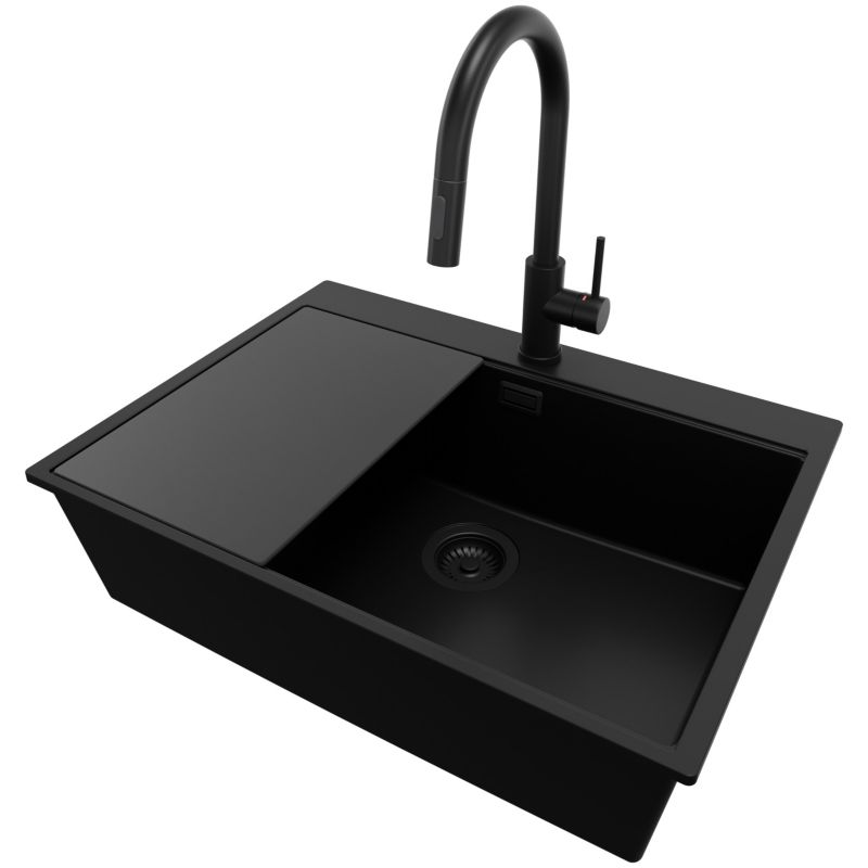 Zlewozmywak Granitowy Oslo PRIMAGRAN Nablatowy 68x50cm do szafki od 70cm, Cały Czarny + Bateria + Syfon + Deska, S521, 1 szt.