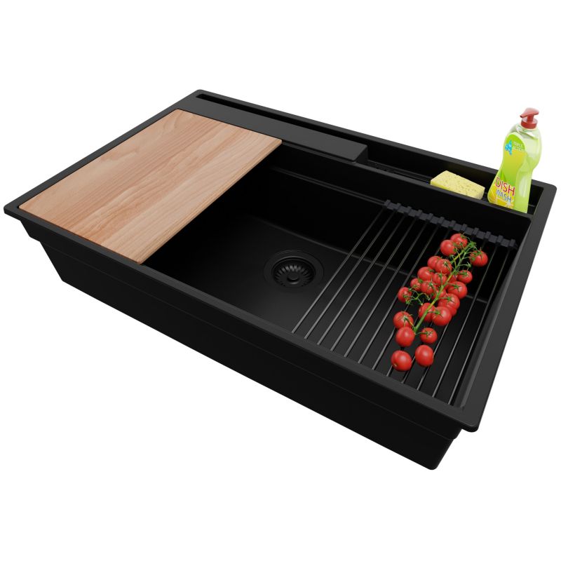 Zlewozmywak Oslo Pocket PRIMAGRAN Nablatowy 78x53cm do szafki od 80cm, Cały Czarny + Syfon + Akcesoria, S353, 1 szt.