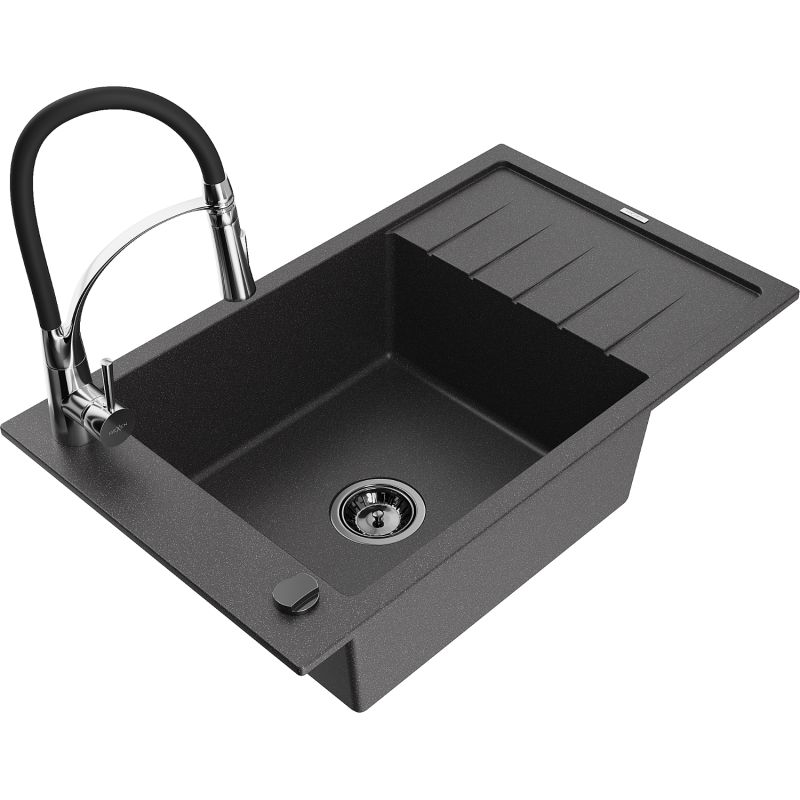 Zlewozmywak granitowy 1-komorowy Mexen Elias z ociekaczem i baterią kuchenną Aster czarny nakrapiany - 6511-76-73450-07 1 szt.