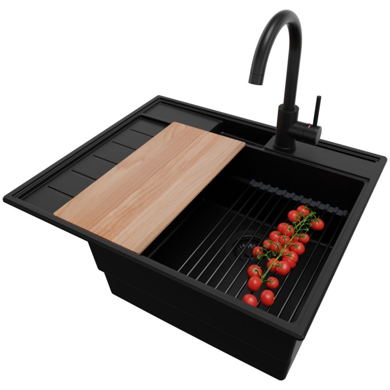 Zlewozmywak Granitowy Sydney Pocket PRIMAGRAN Nablatowy 62x53cm, Cały Czarny + Bateria + Syfon + Akcesorium, S042, 1 szt.