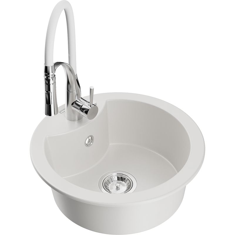 Zlewozmywak granitowy 1-komorowy Mexen Diego z baterią kuchenną Aster biały 6512-20-73450-02