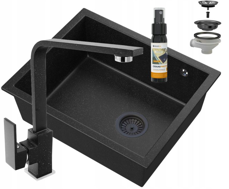 Zlewozmywak granitowy podblatowy Granitan Salix Czarny Bateria Nook Czarna Syfon Czarny 1 kpt.